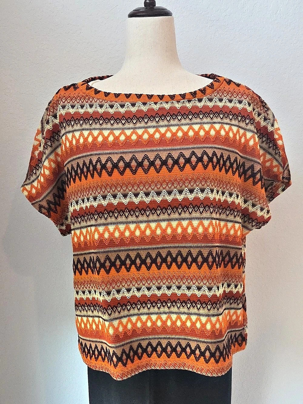 SHEIN Geometric Zig Zag Short Sleeve Top Blouse XL Pumpkin Spice Orange Brown